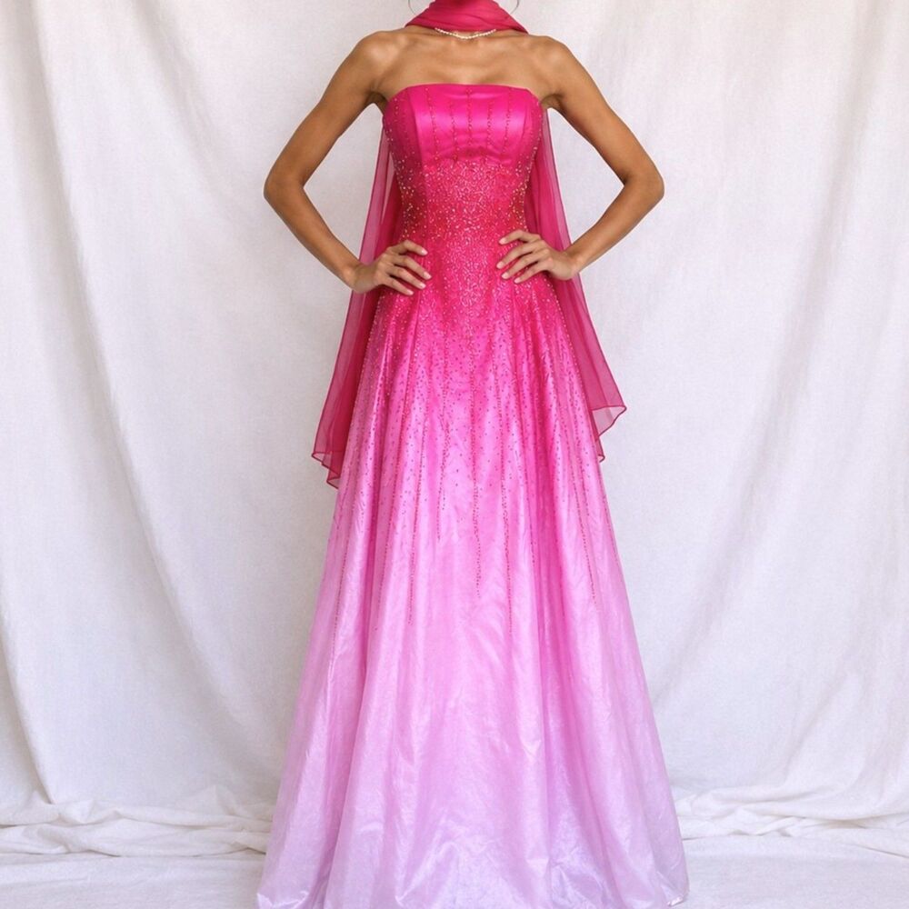 Vintage Y2K 90s Pink Silk Strapless Beaded Flared Ombre Maxi Prom Dress Size XS
